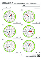 5分単位の何時何分の時計の読み方（1分ごとの数字付）